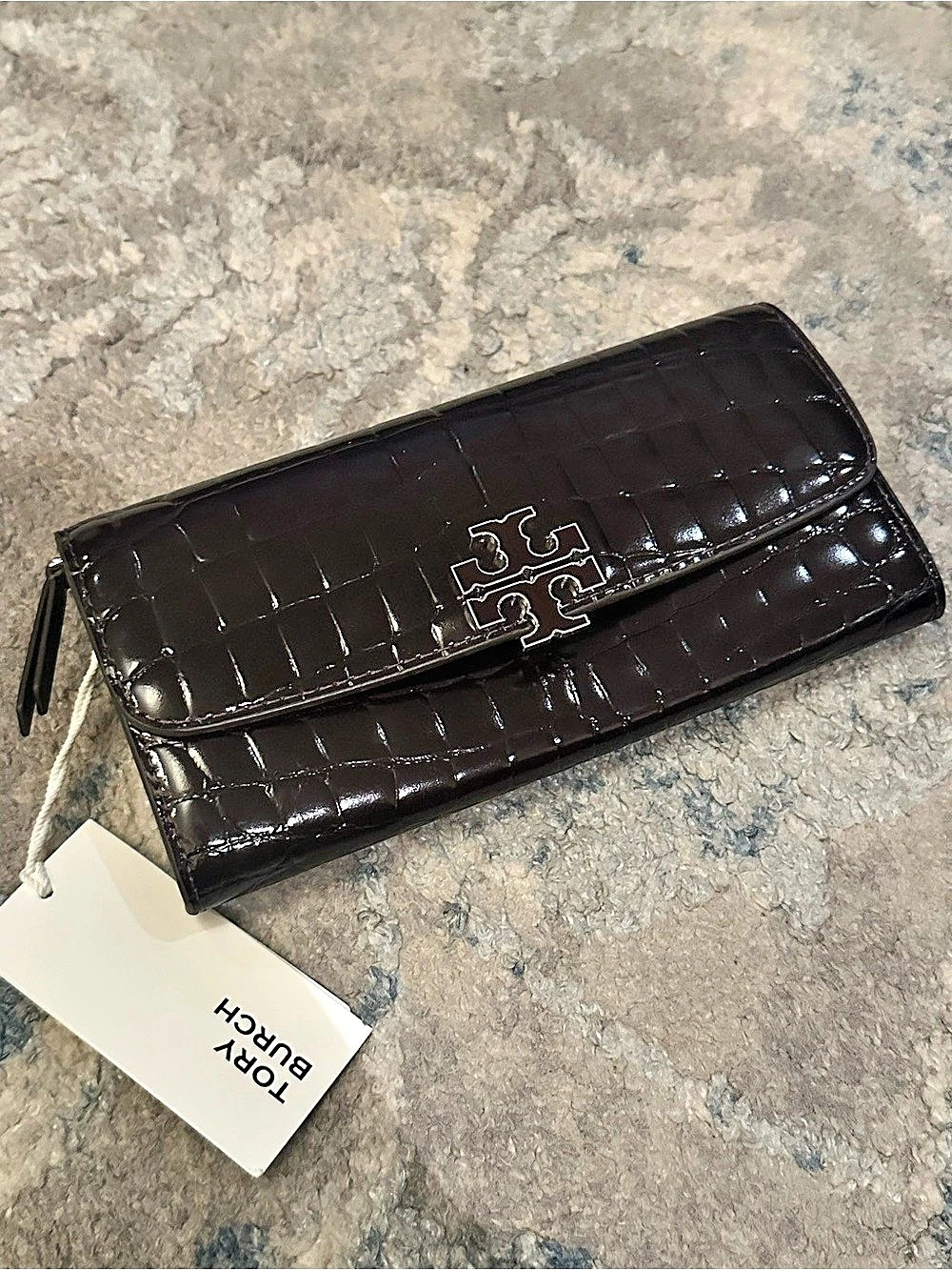 Tory Burch Britten Shiny Embossed Envelope Wallet Black